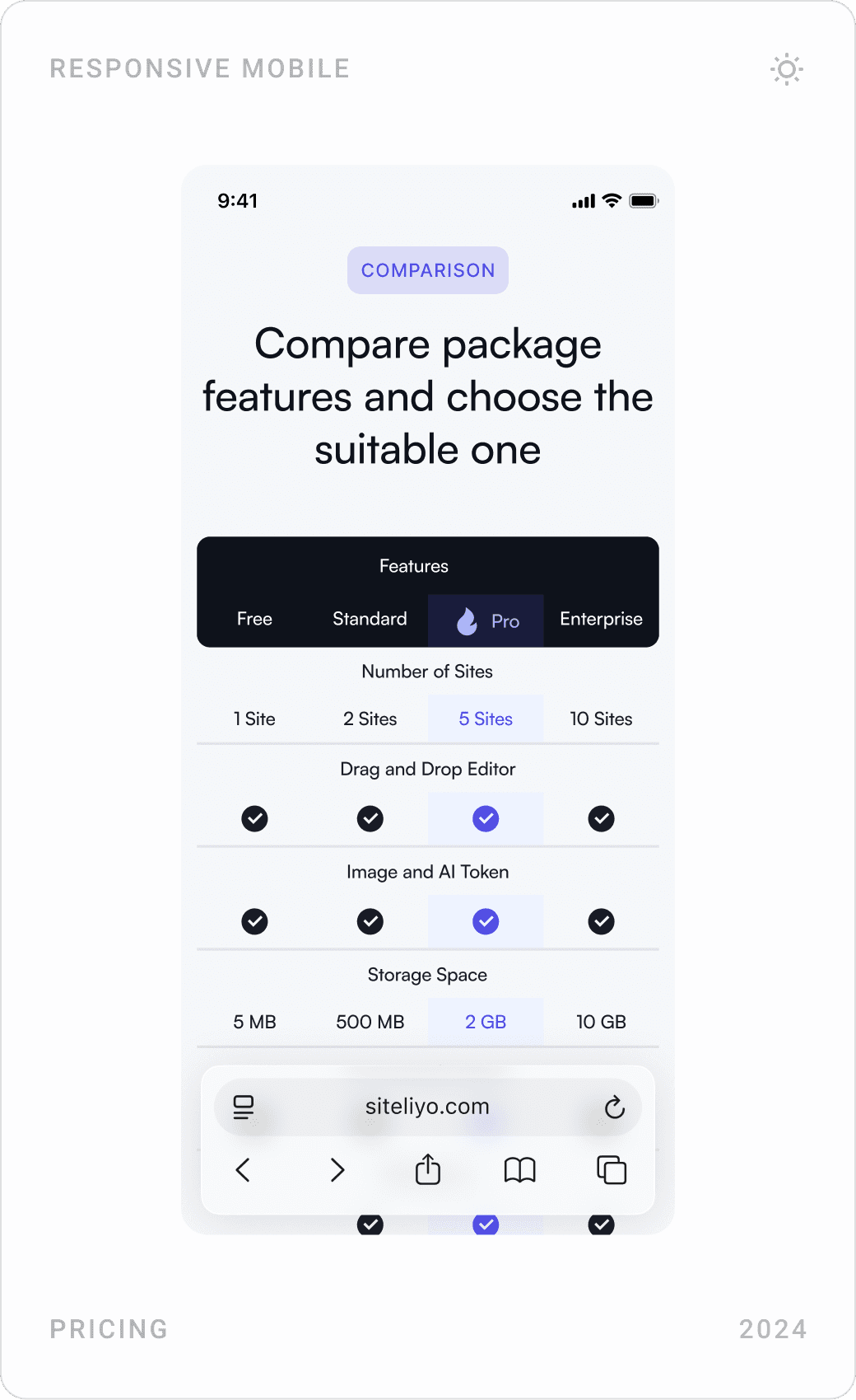 Mobile pricing: trial plan card, the most popular Pro plan card and a package feature comparison table