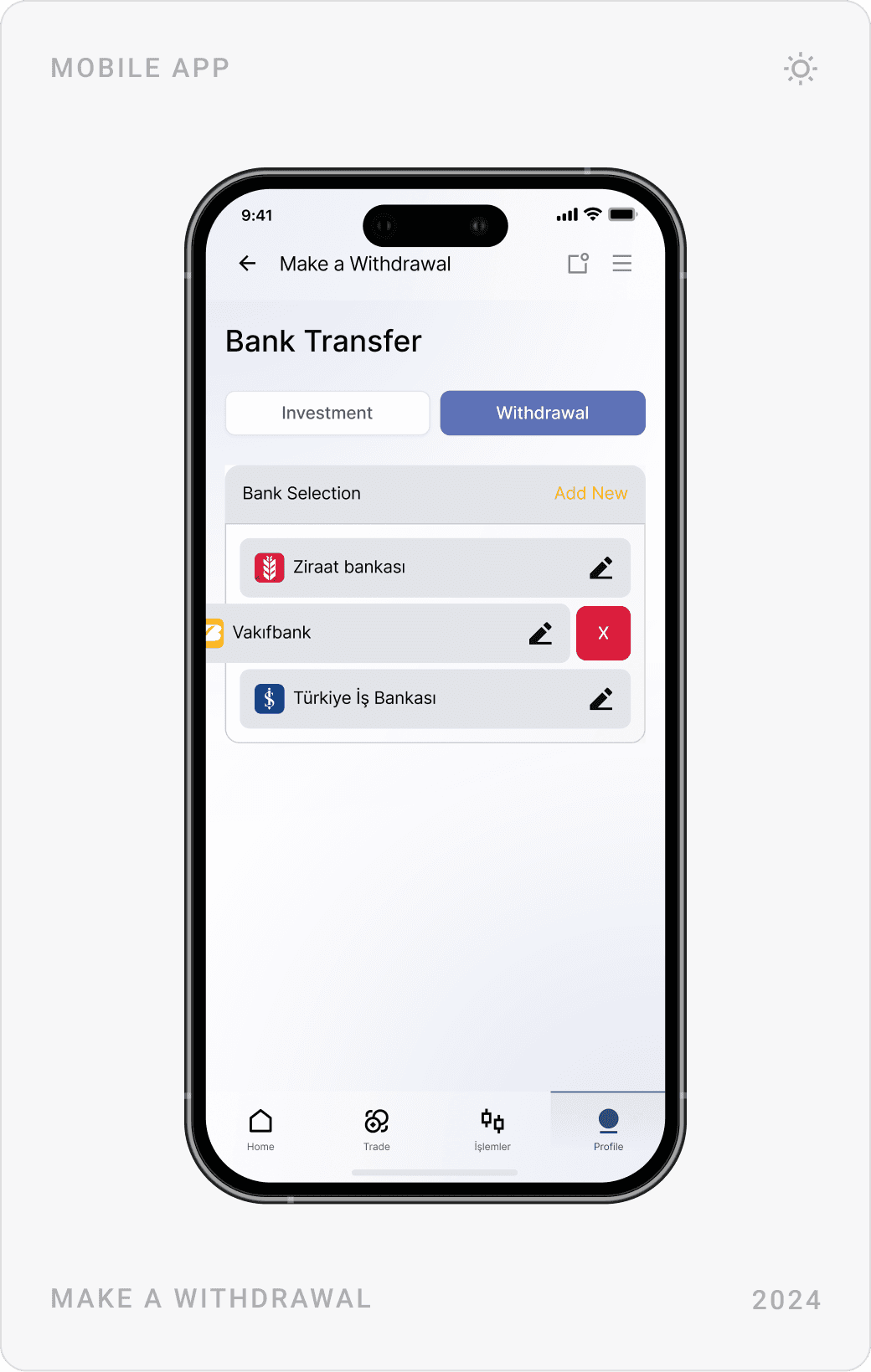 Light deposit money screen with payment methods, bank transfer with saved accounts, and a withdrawal form