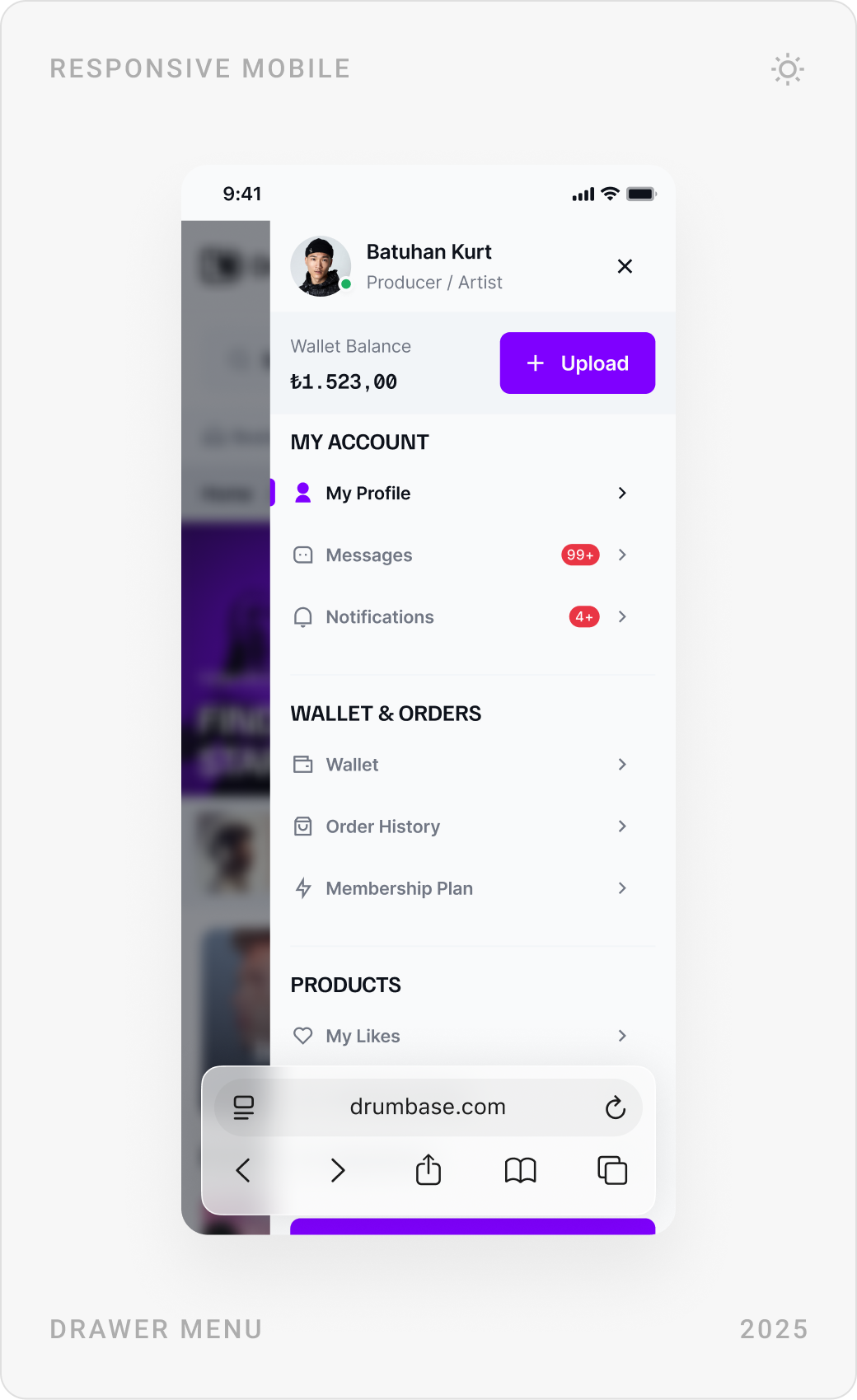 Mobile drawer menu with wallet balance and account links, the mobile homepage, and the notifications list with an offer to accept or reject