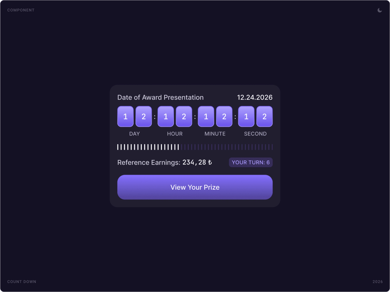 Countdown to the award distribution date with days, hours, minutes and seconds, referral earnings and a View Your Prize button