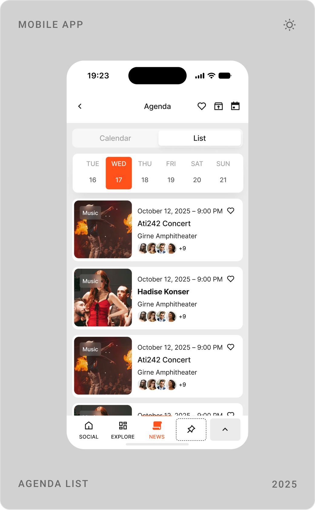 Notifications screen, agenda as a list of concerts, and agenda as a day calendar