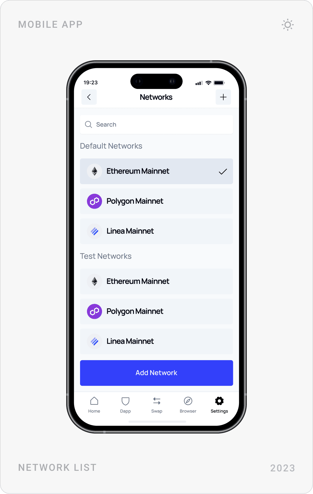 Settings menu, Privacy and Security settings with toggles, and a network list with mainnets and testnets