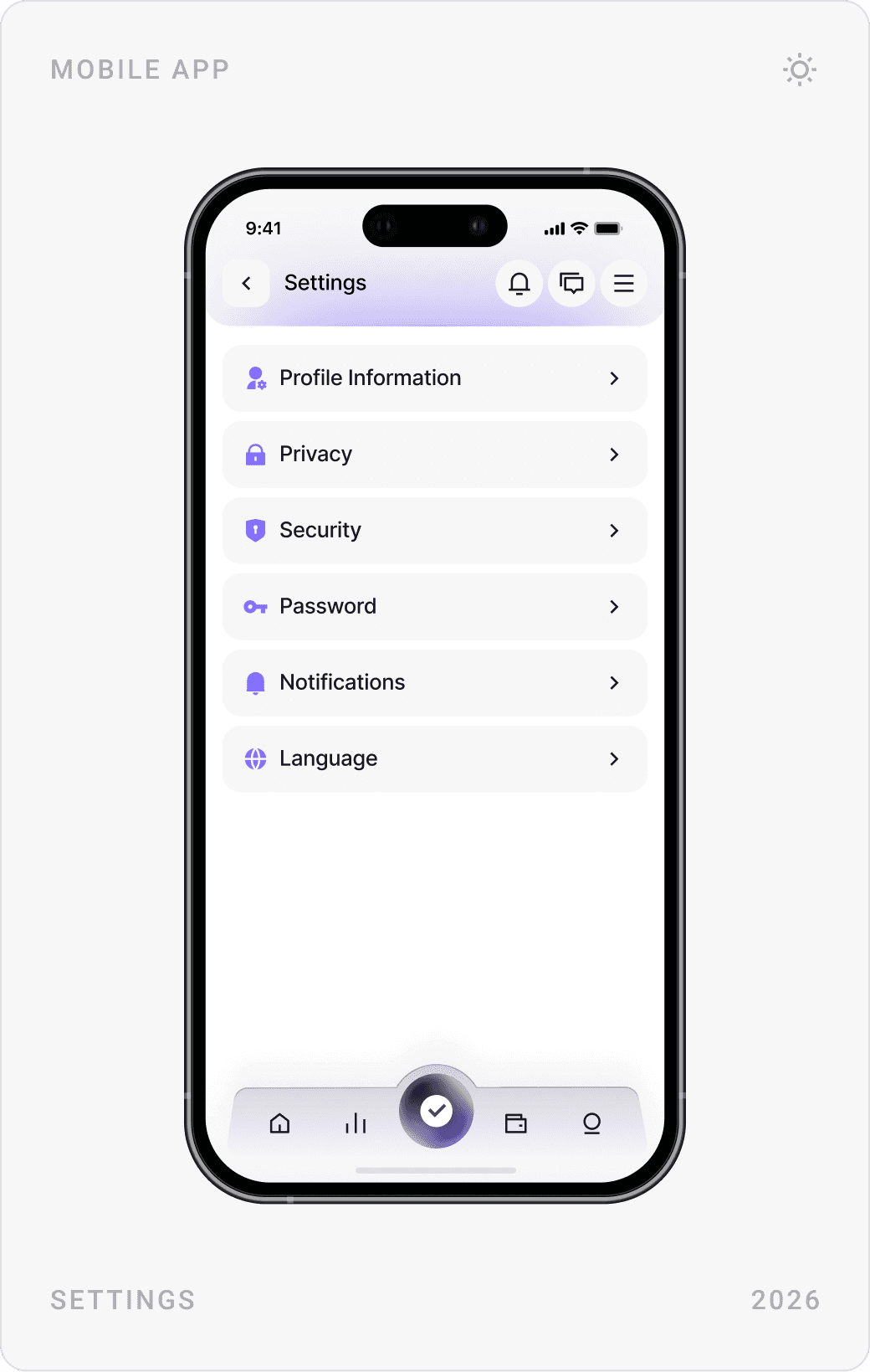 Light-mode settings: settings menu, profile information form with an information notice, and privacy toggles
