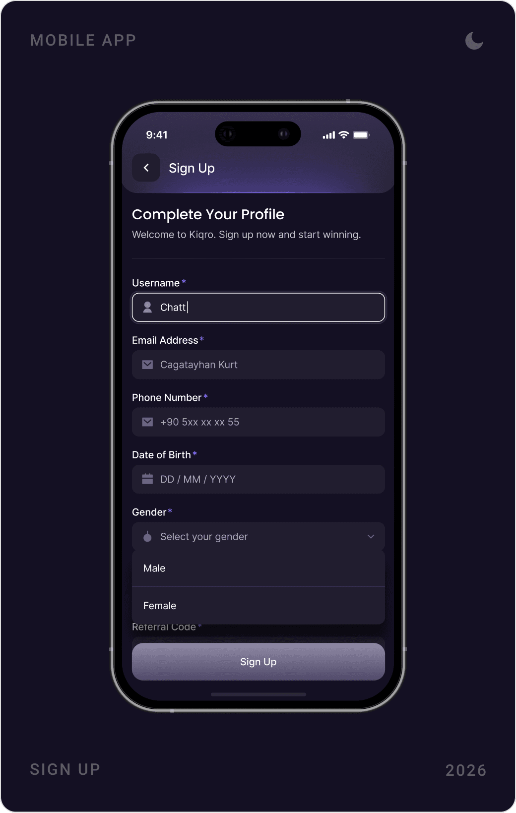 Kiqro sign-up screens: create account, complete your profile with username, phone, birth date and gender, and the login screen