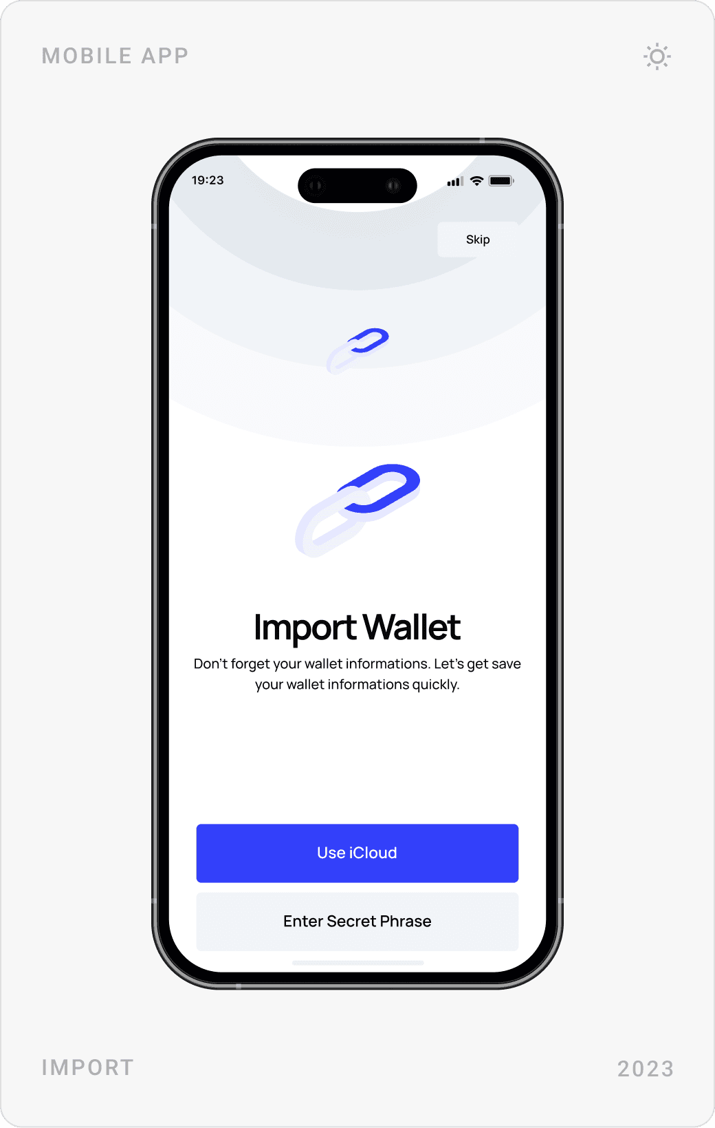 Welcome passcode screen with keypad, Import Wallet screen, and Backup Your Wallet screen with iCloud and manual options
