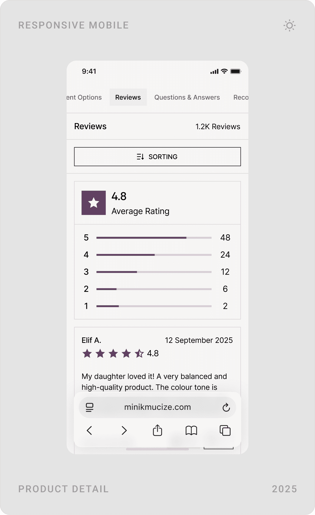 Mobile product questions and answers, review summary with average rating and star breakdown, and the mobile footer