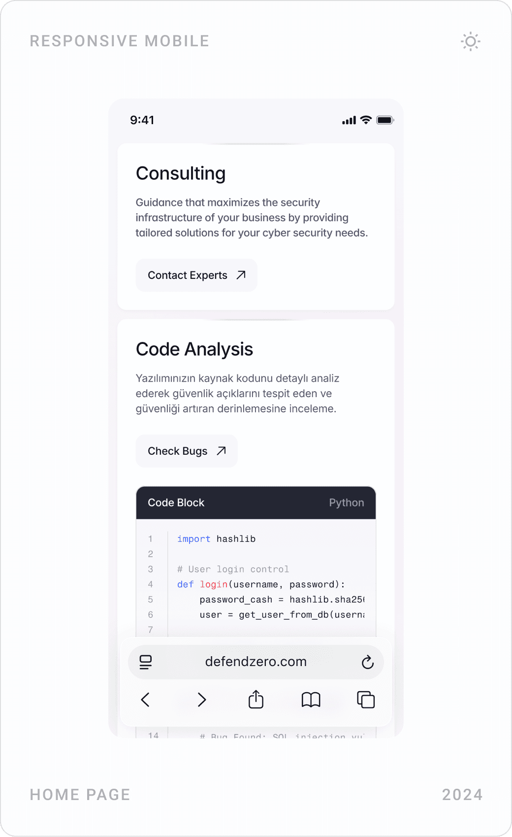 Mobile service cards for Penetration Test, Consulting and Code Analysis, and “We guarantee your security with numbers” counters