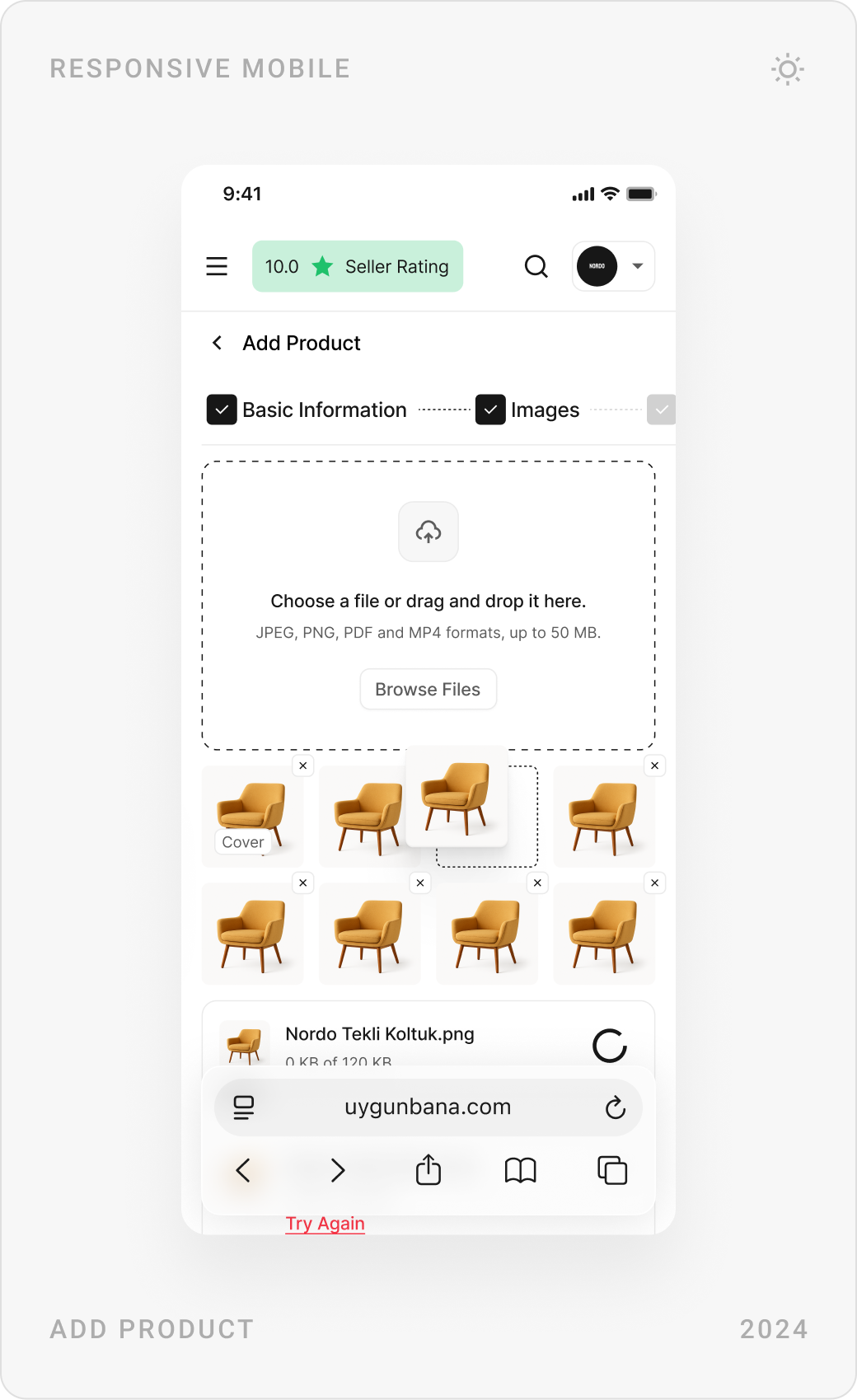 Mobile add product flow: image upload, product variants with prices, and basic information