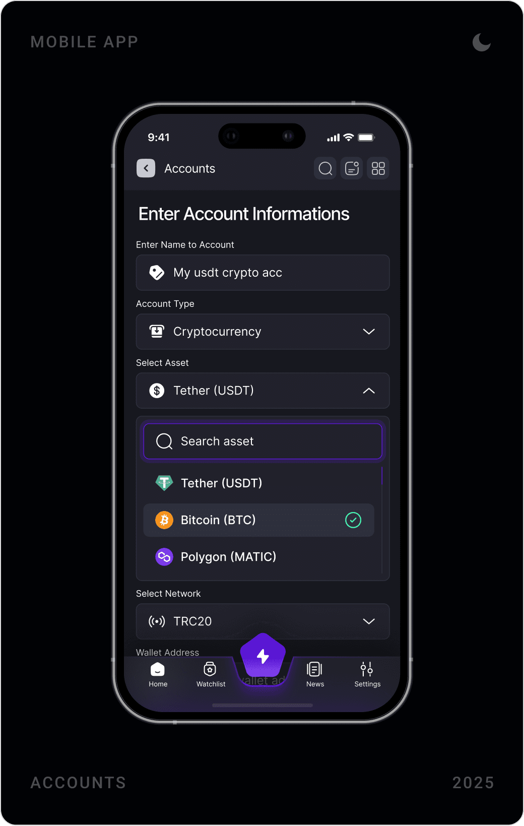 Wallet account list with banks and crypto assets, and Enter Account Informations forms for a crypto and a bank account