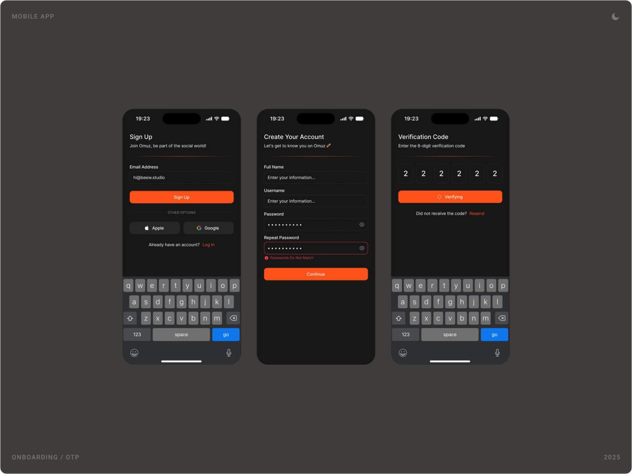 Dark mode sign-up, create account and six-digit verification code screens