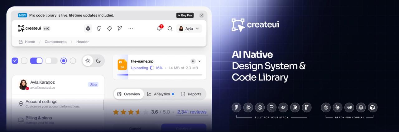 Create UI X banner with a header, toggles, file upload, segmented control and rating components beside the tagline