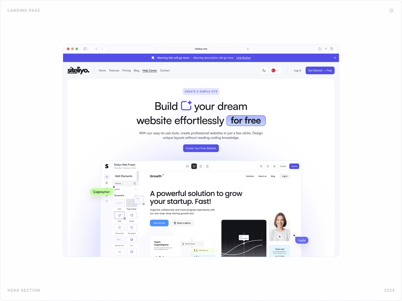 Desktop hero of the Siteliyo website with headline, “Create Your Free Website” button and an editor preview with collaborator cursors
