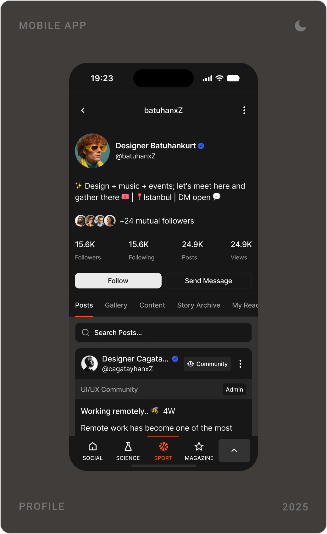 Dark mode profile menu with saved items and account settings, a full-screen profile photo and a profile page