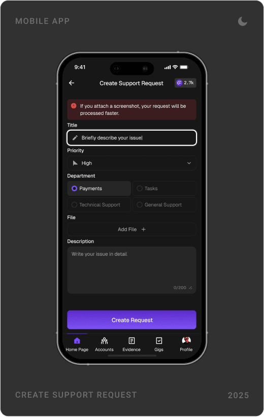 My Support Requests list, Create Support Request form, and a request detail chat about a Papara payment