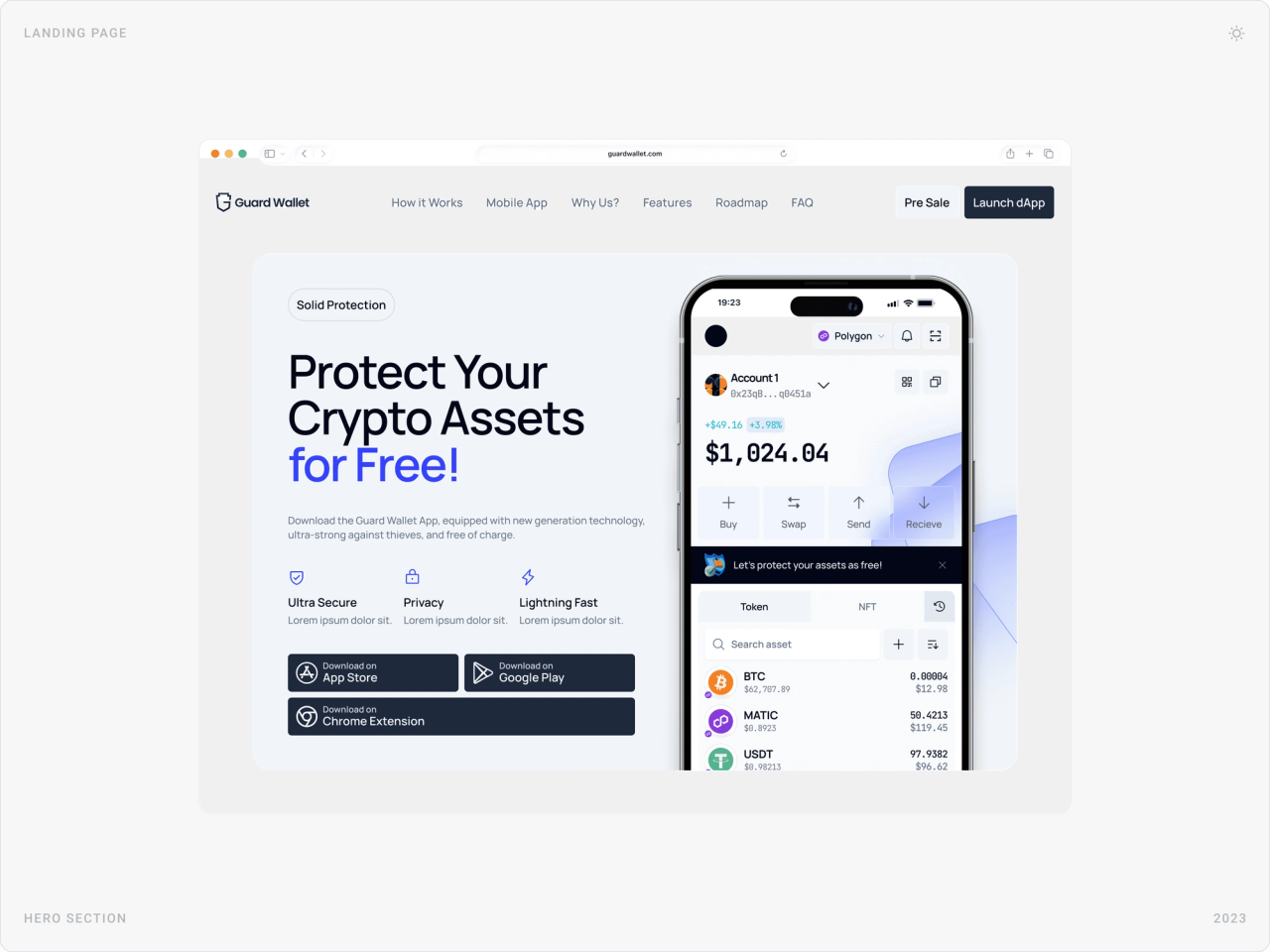 Wide view of the Guard Wallet landing page hero with navigation, Pre Sale and Launch dApp buttons