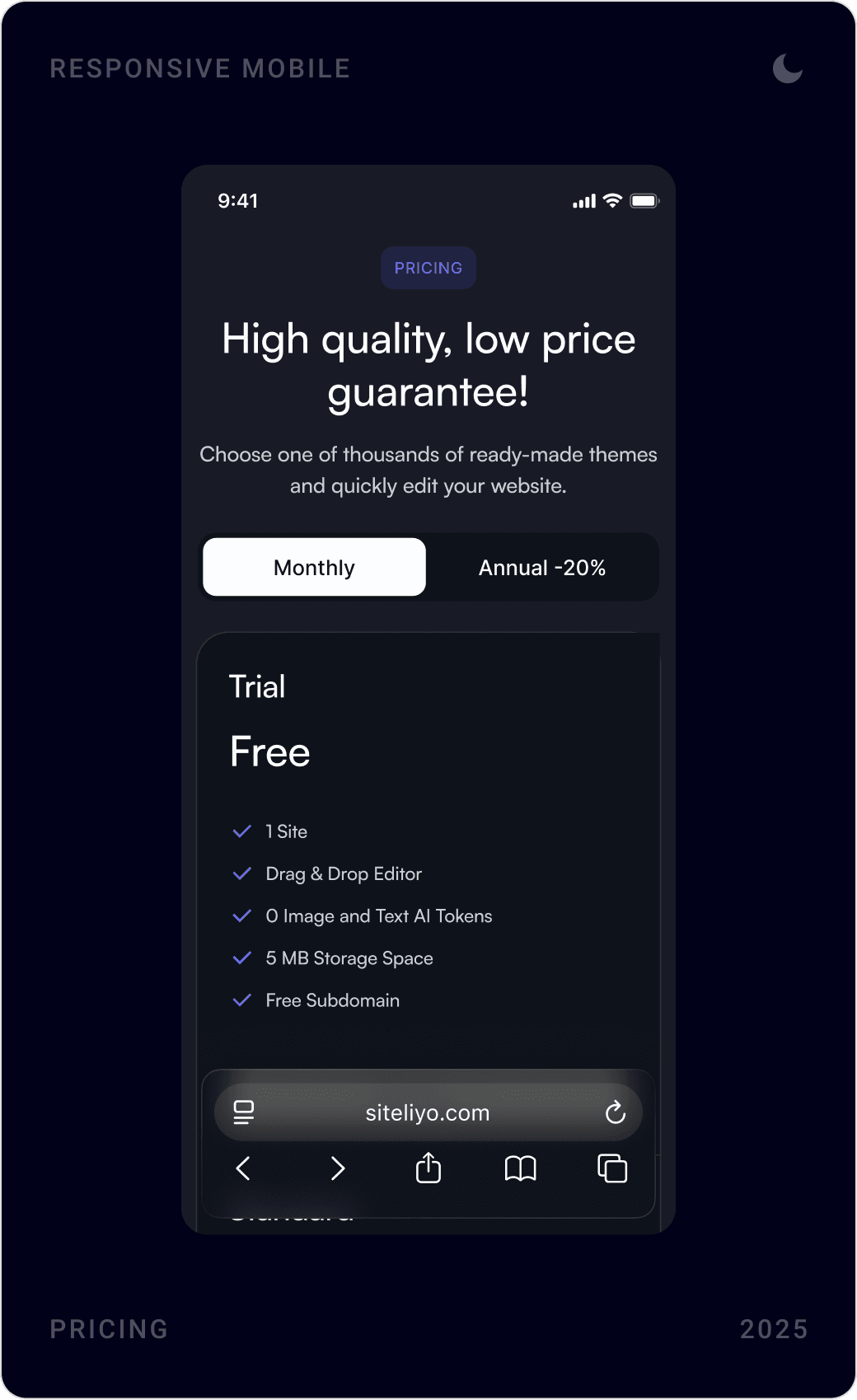 Mobile dark mode screens: theme library, fully mobile-compatible designs feature and the pricing section