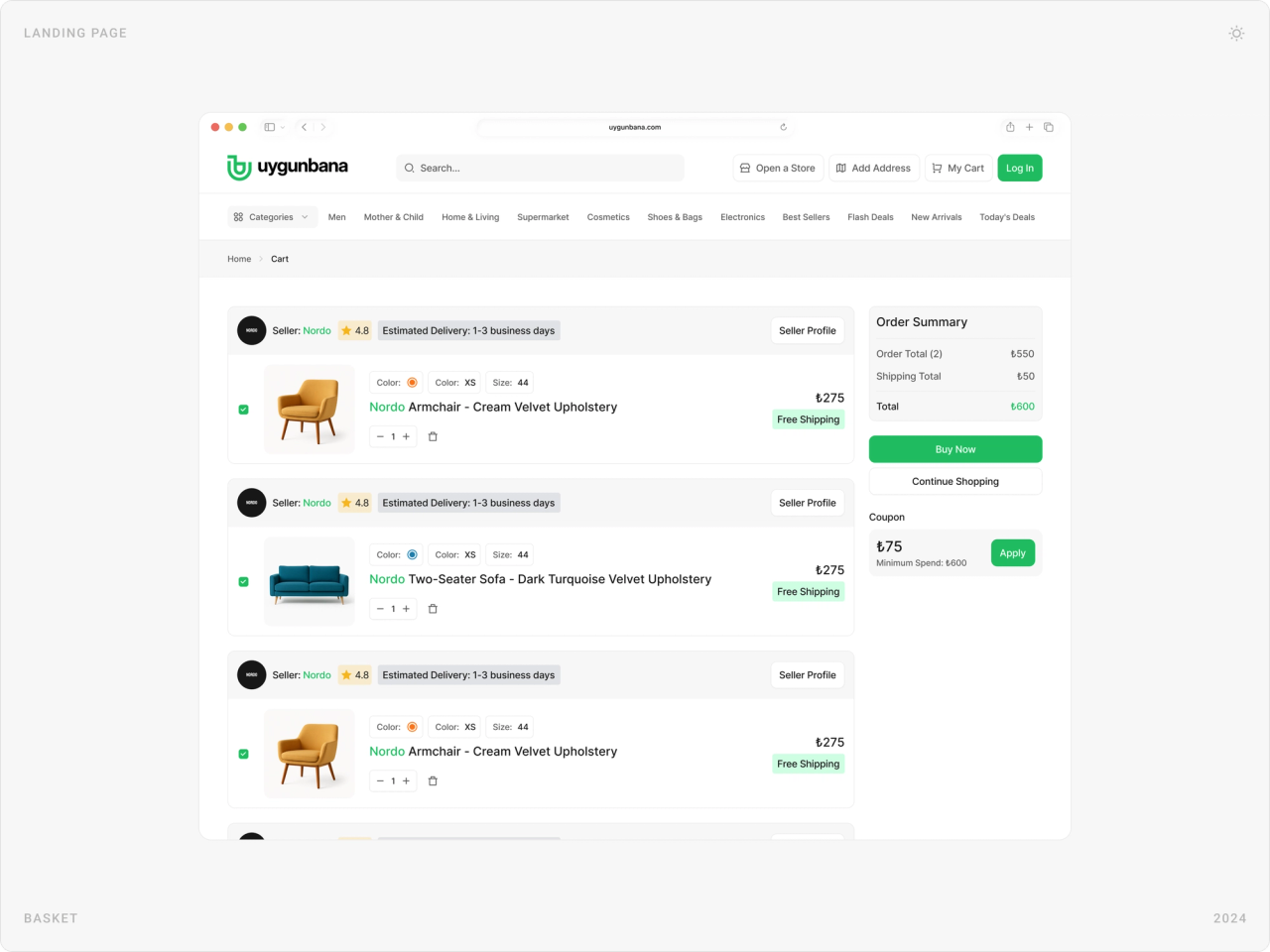 Basket on desktop with items grouped by seller, delivery estimates and an order summary with a coupon field
