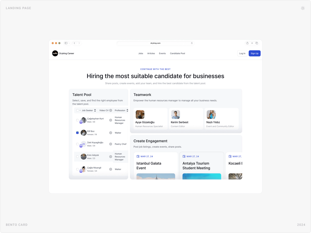 “Hiring the most suitable candidate for businesses” section with Talent Pool table, Teamwork cards and upcoming events