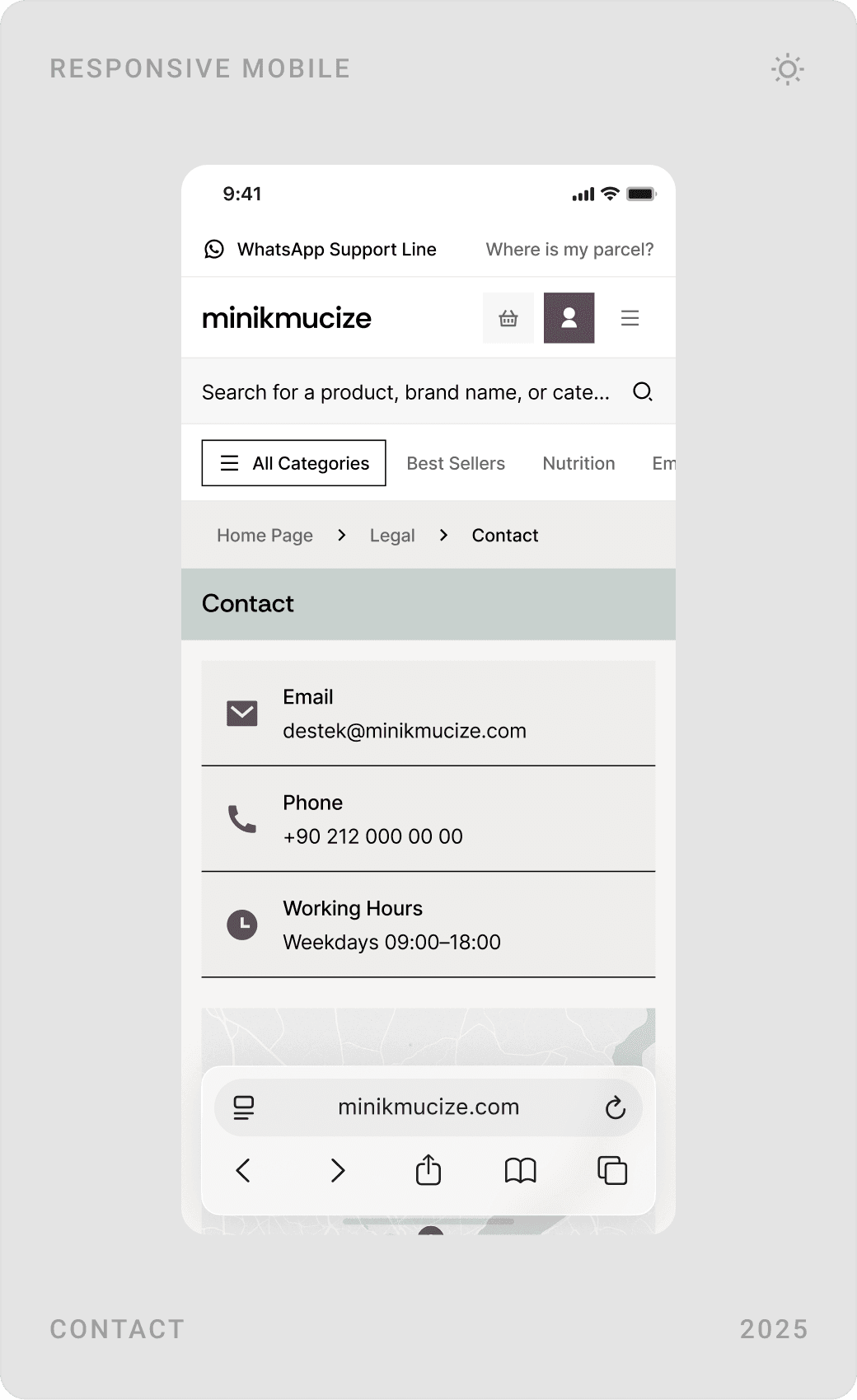 Mobile FAQ with topic tabs, contact page with email, phone and working hours, and about page with vision and mission