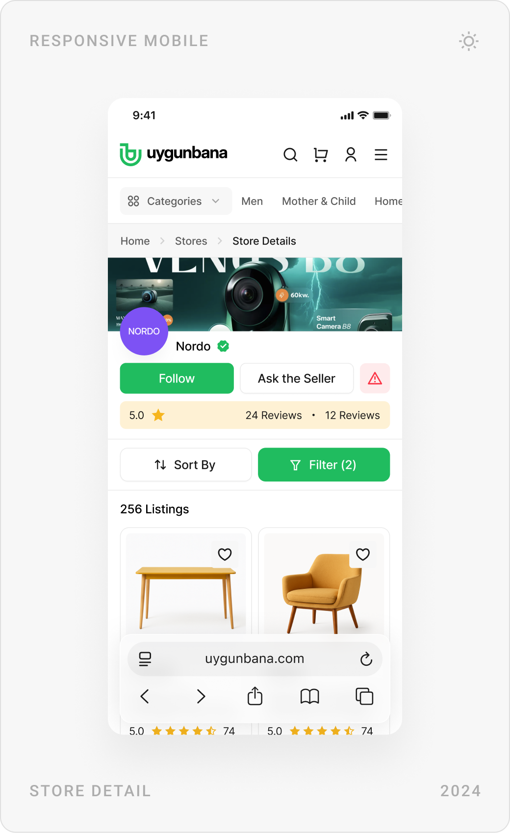 Mobile store page with follow and ask-the-seller buttons, the stores list, and a product comparison