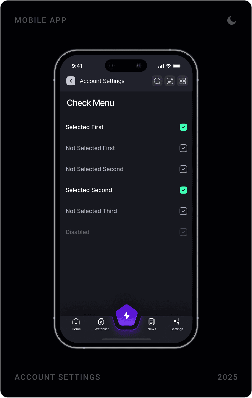 Account settings check menu and radio menu screens, and Notifications list with unread and read items
