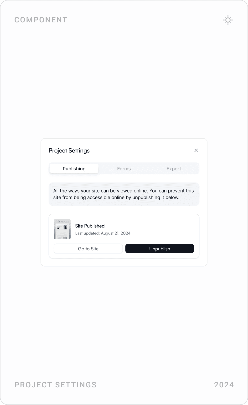 Project settings for form delivery email and publishing status, and a “delete the project?” confirmation modal