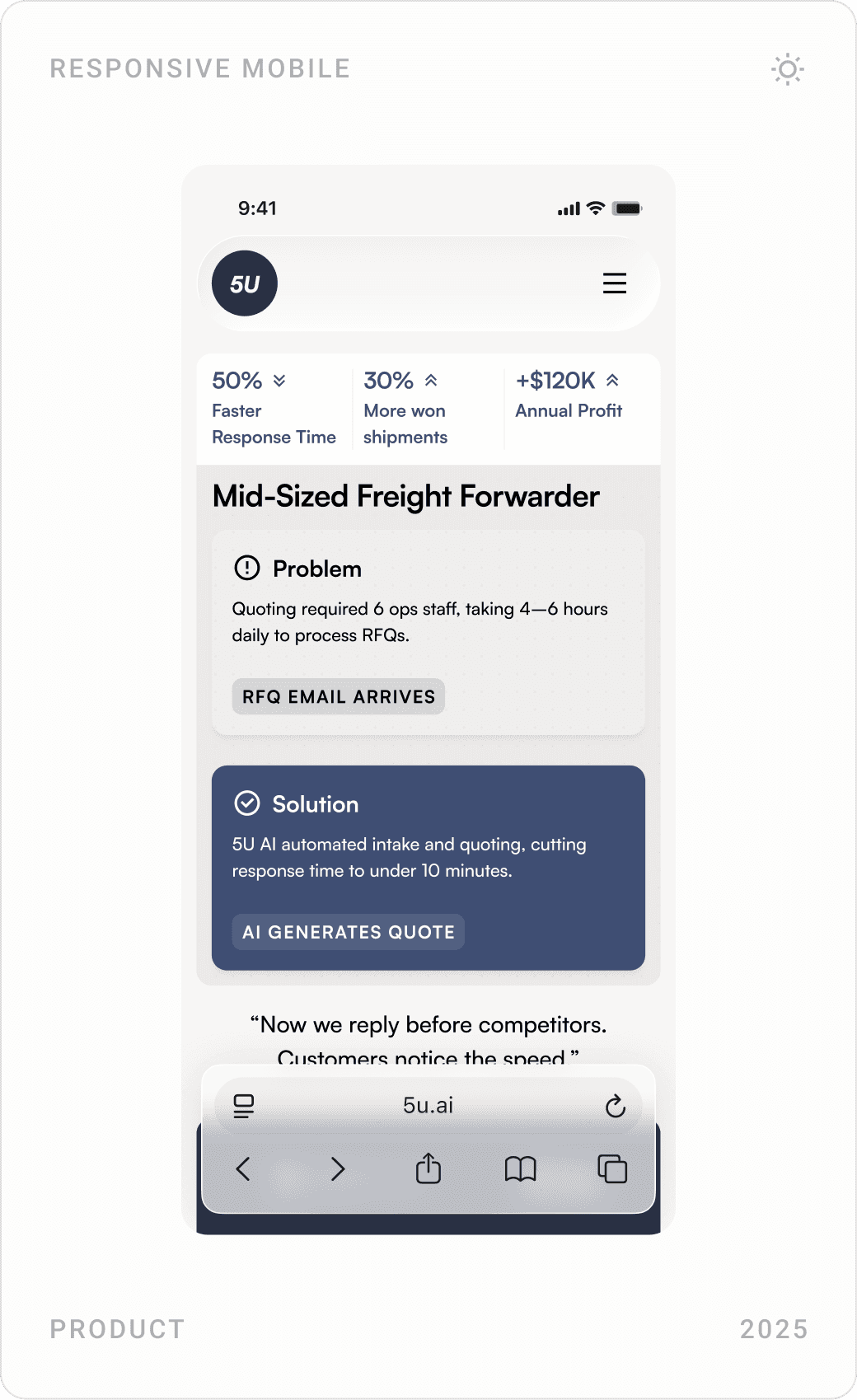 Mobile product screens: use-case result card, insight loop and AI agent builder