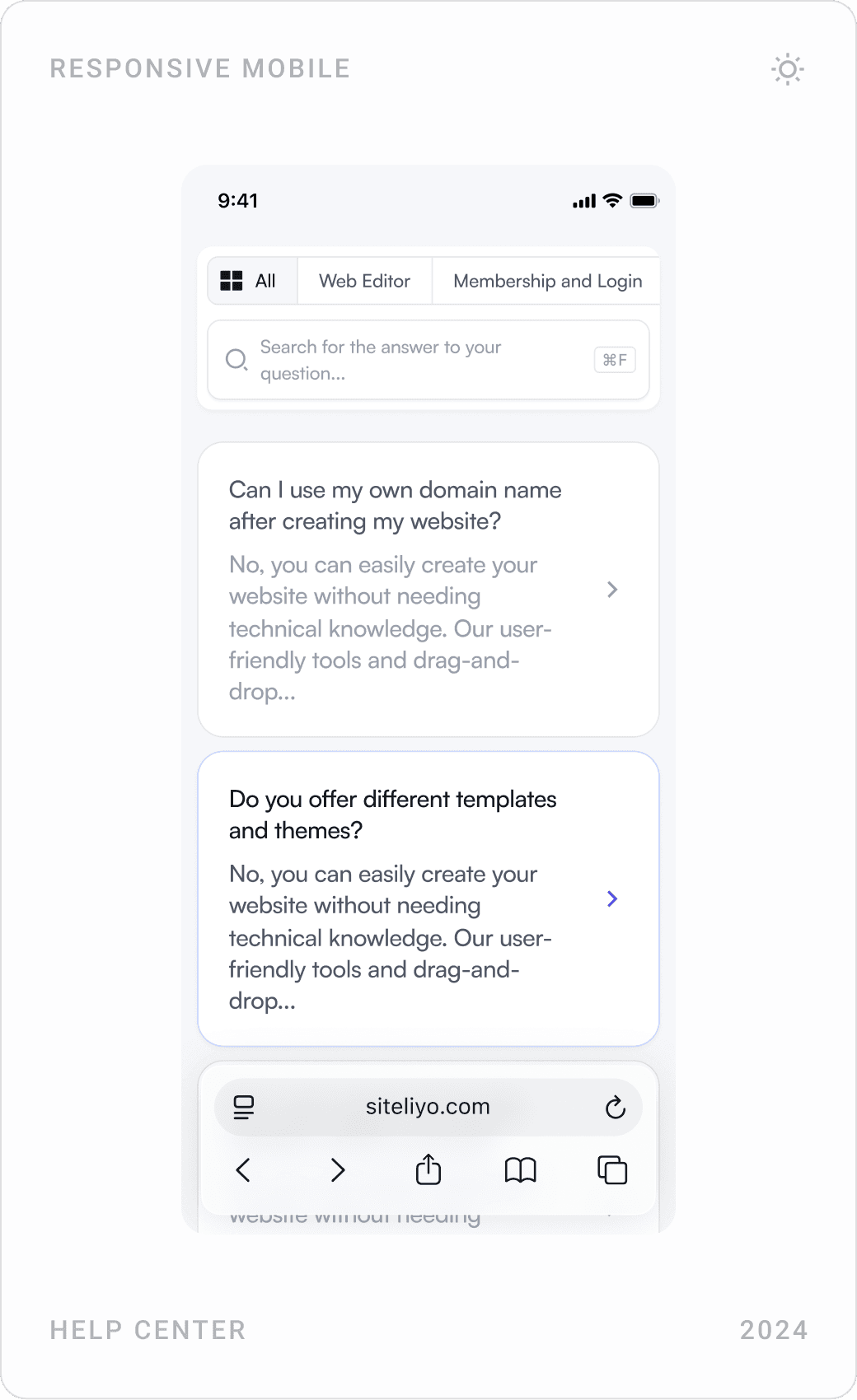 Mobile help center: topic list, expandable questions and an article on upgrading or downgrading a subscription