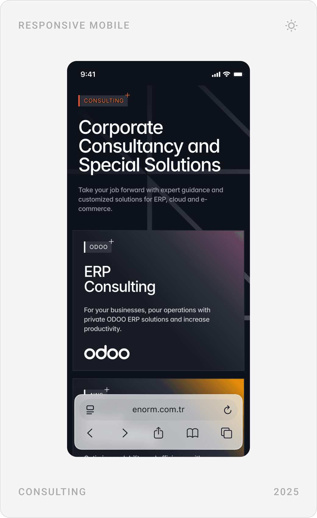 Mobile hardware section, “Corporate Consultancy and Special Solutions” and ERP and cloud consulting cards with Odoo and AWS