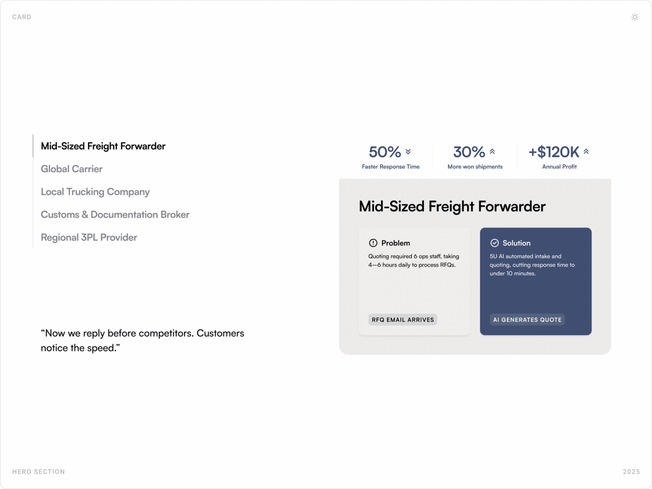 Use-case selector by company type with problem and solution cards