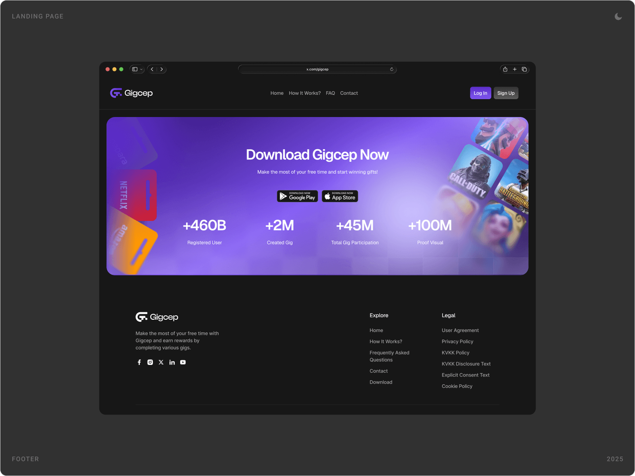 Dark “Download Gigcep Now” banner with store buttons and platform statistics above the Gigcep footer