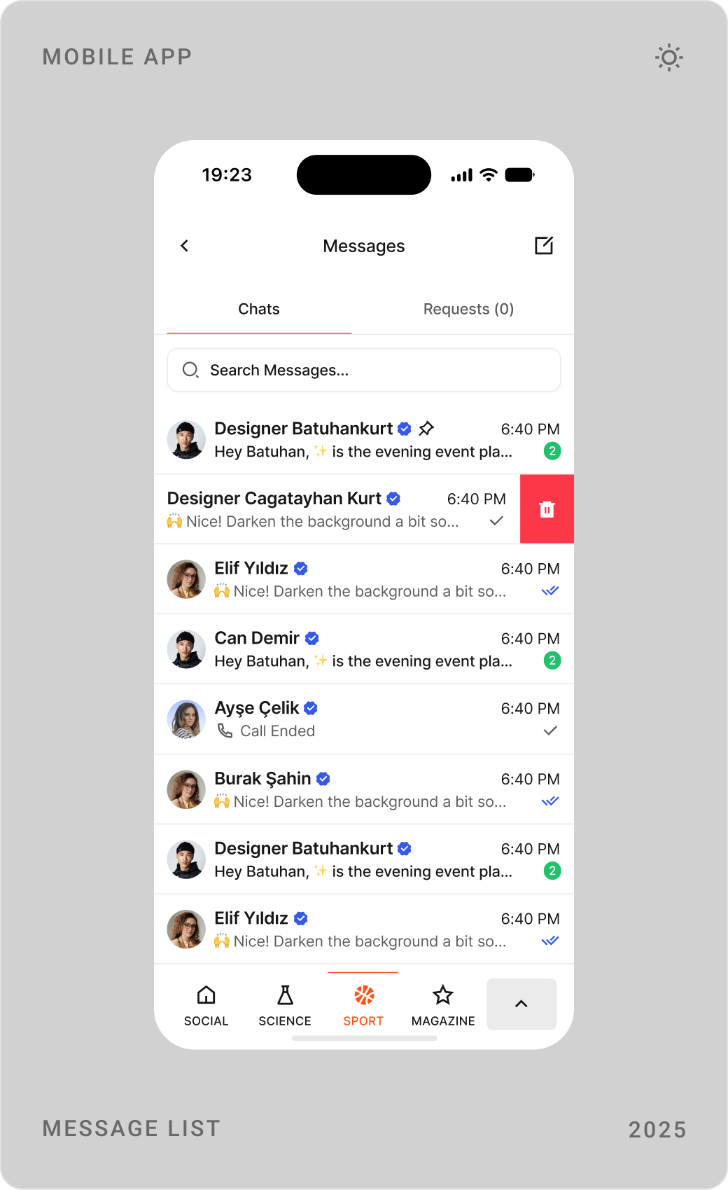 Message detail with photos and replies, an incoming call screen and the message list
