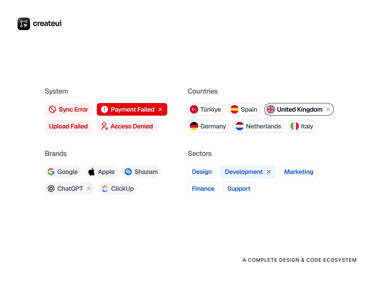 Button, Checkbox and Chips components on the Create UI marketing grid