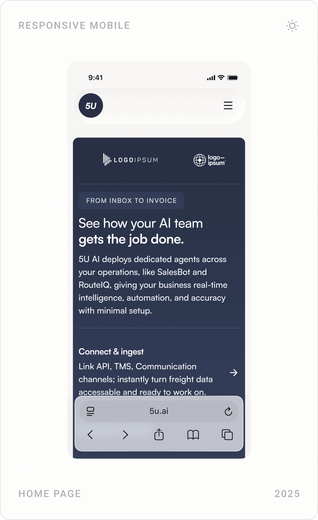 Mobile homepage screens for 5U AI: hero, how it works, and stack integrations
