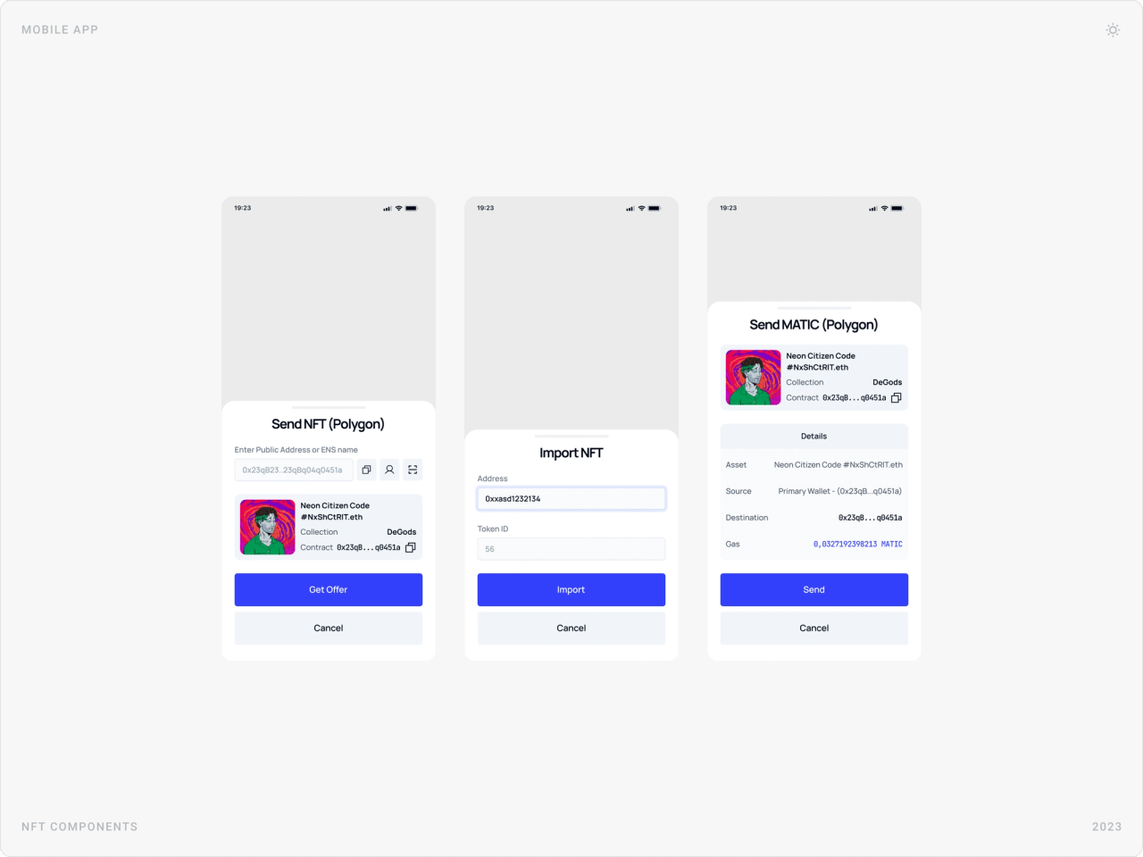 NFT sheets: Send NFT on Polygon, Import NFT by address and token ID, and a Send MATIC confirmation with details