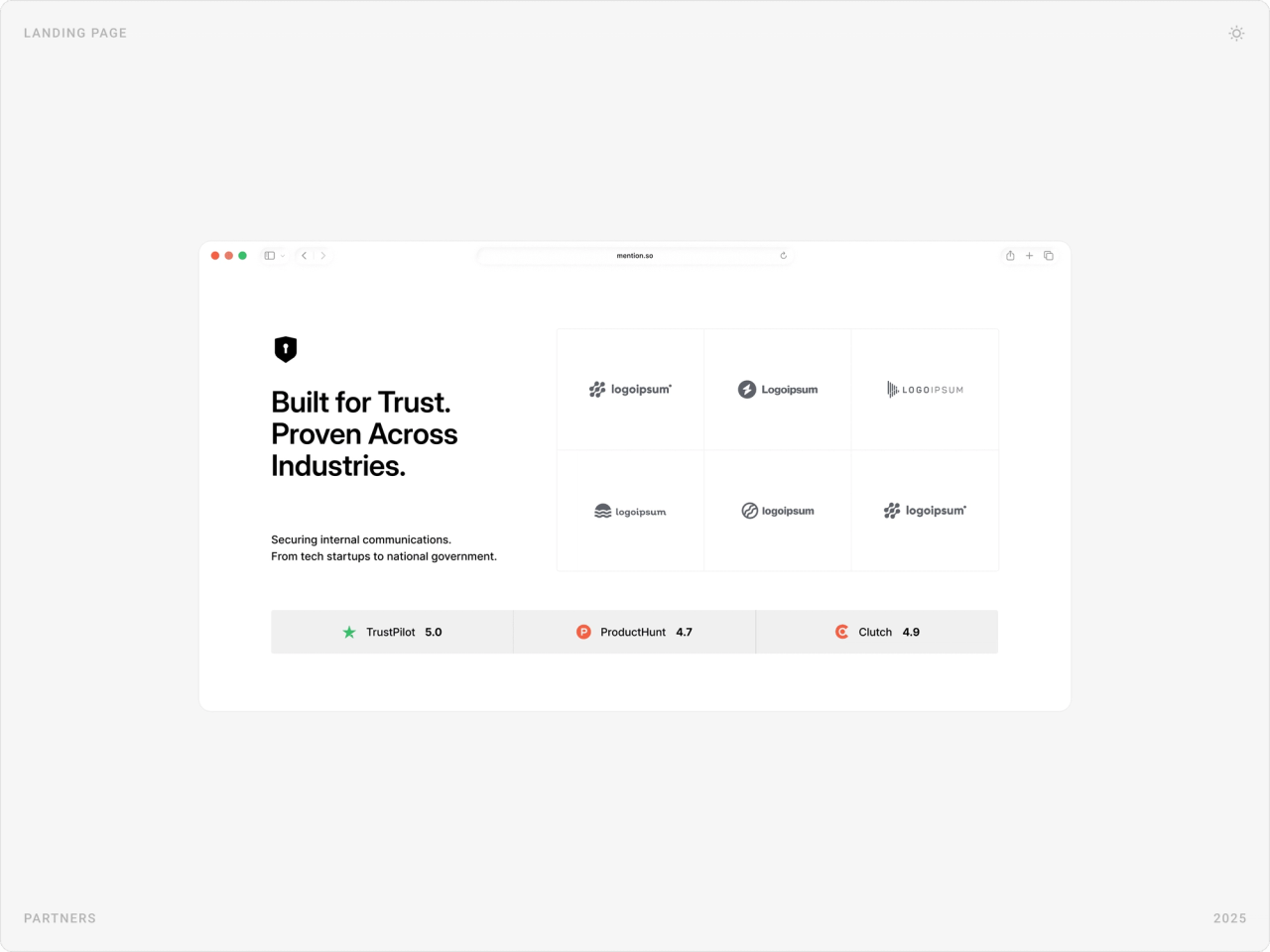 “Built for Trust. Proven Across Industries.” section with a grid of partner logos and Trustpilot, Product Hunt and Clutch ratings