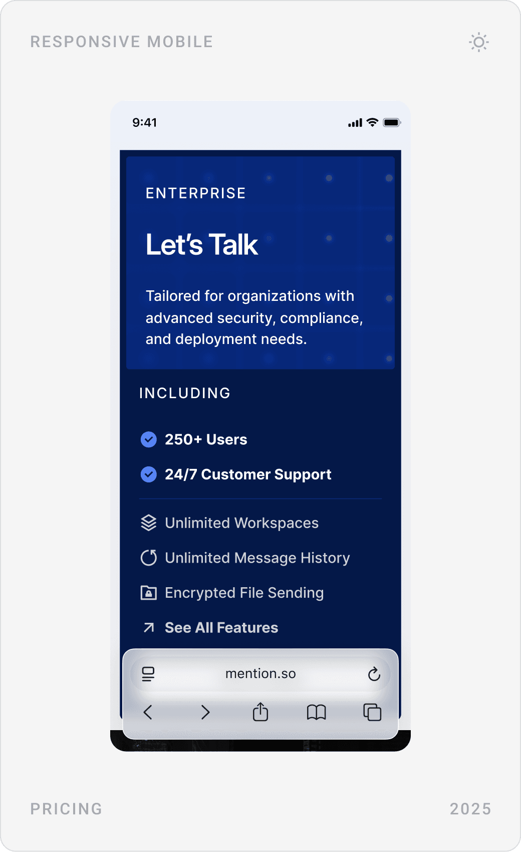 Mobile pricing: “Simple, Predictable, Enterprise-Ready.” intro, the Professional plan card and the Enterprise “Let’s Talk” card
