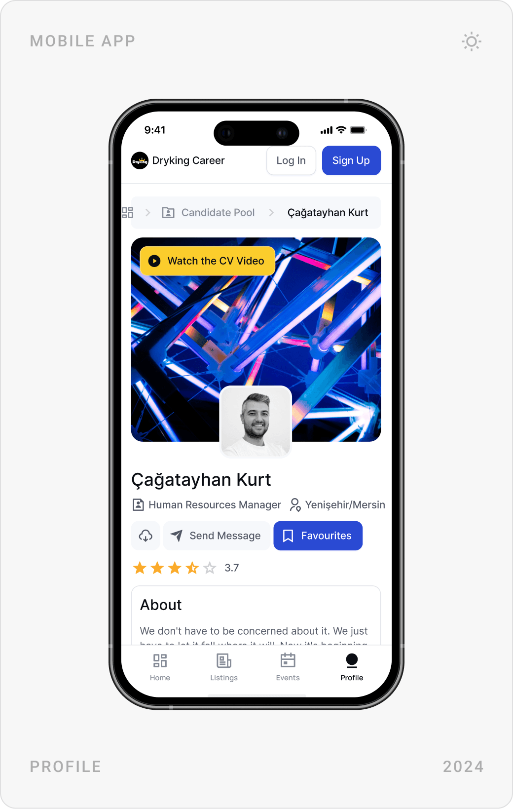 Mobile candidate profile with CV video, rating and Send Message button, profile edit screen, and Add Certificate form