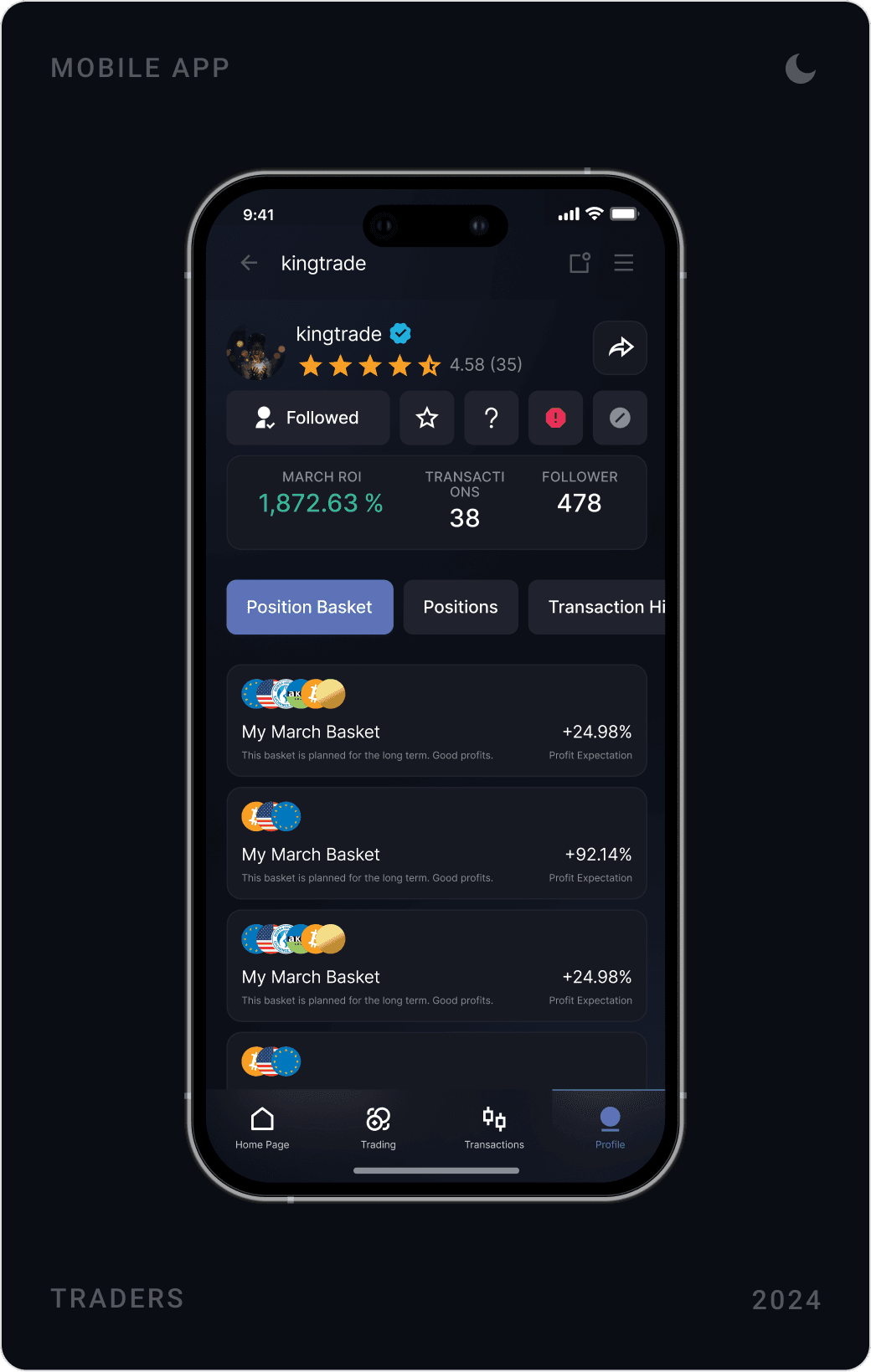 Dark trader profile with rating, followers and position baskets, the trader’s transaction history, and a post comment sheet with star rating