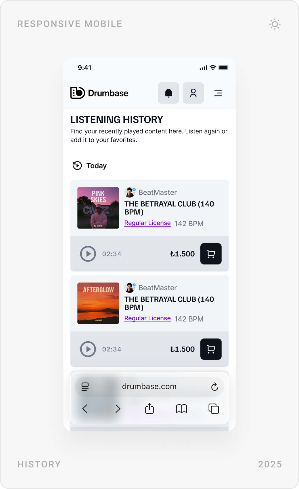 Mobile screens: My Likes with beats, a negotiation with a 25% countdown, and listening history with license prices