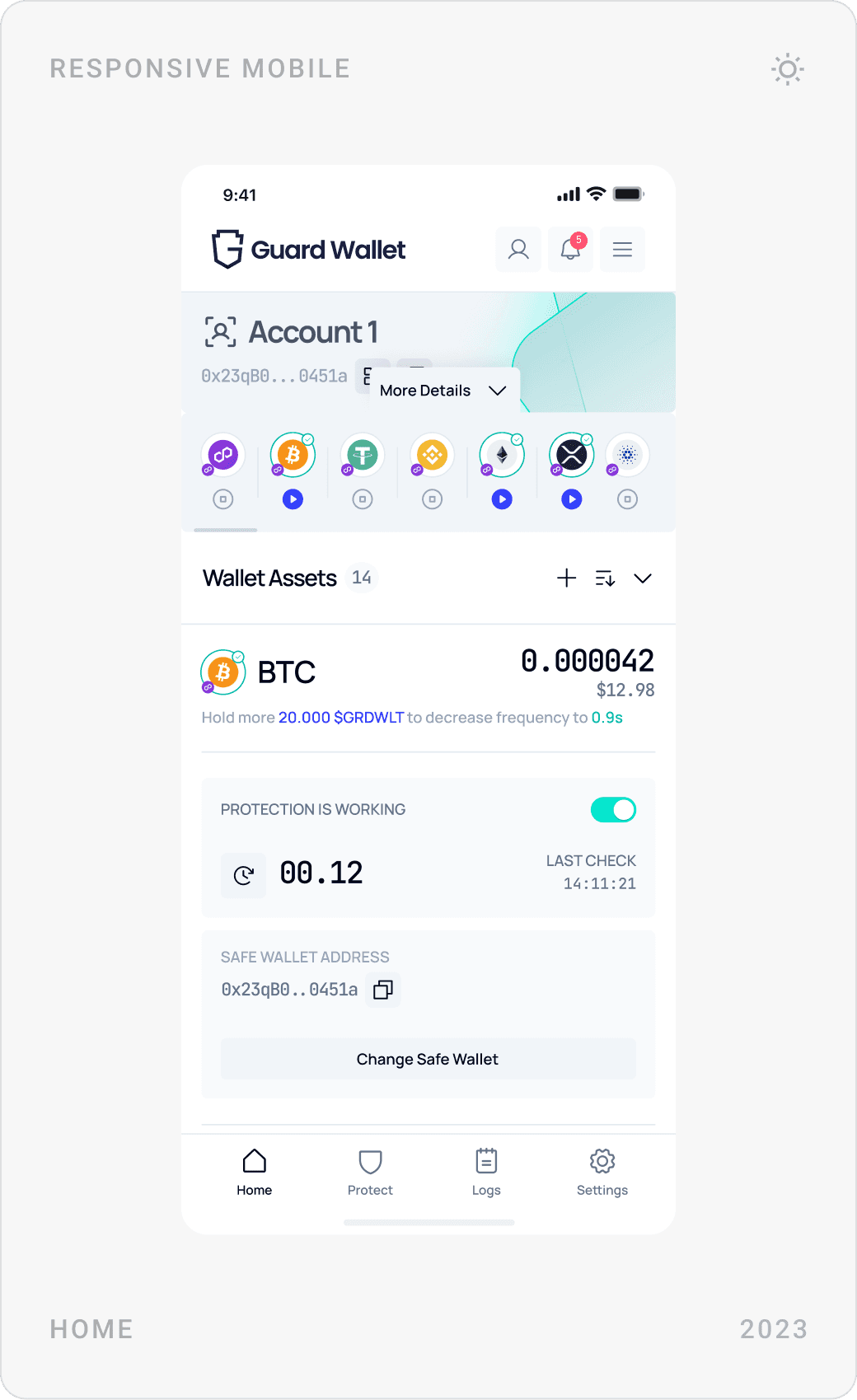 Responsive mobile dashboard: home with protection options, last transactions, and the checking frequency protection step