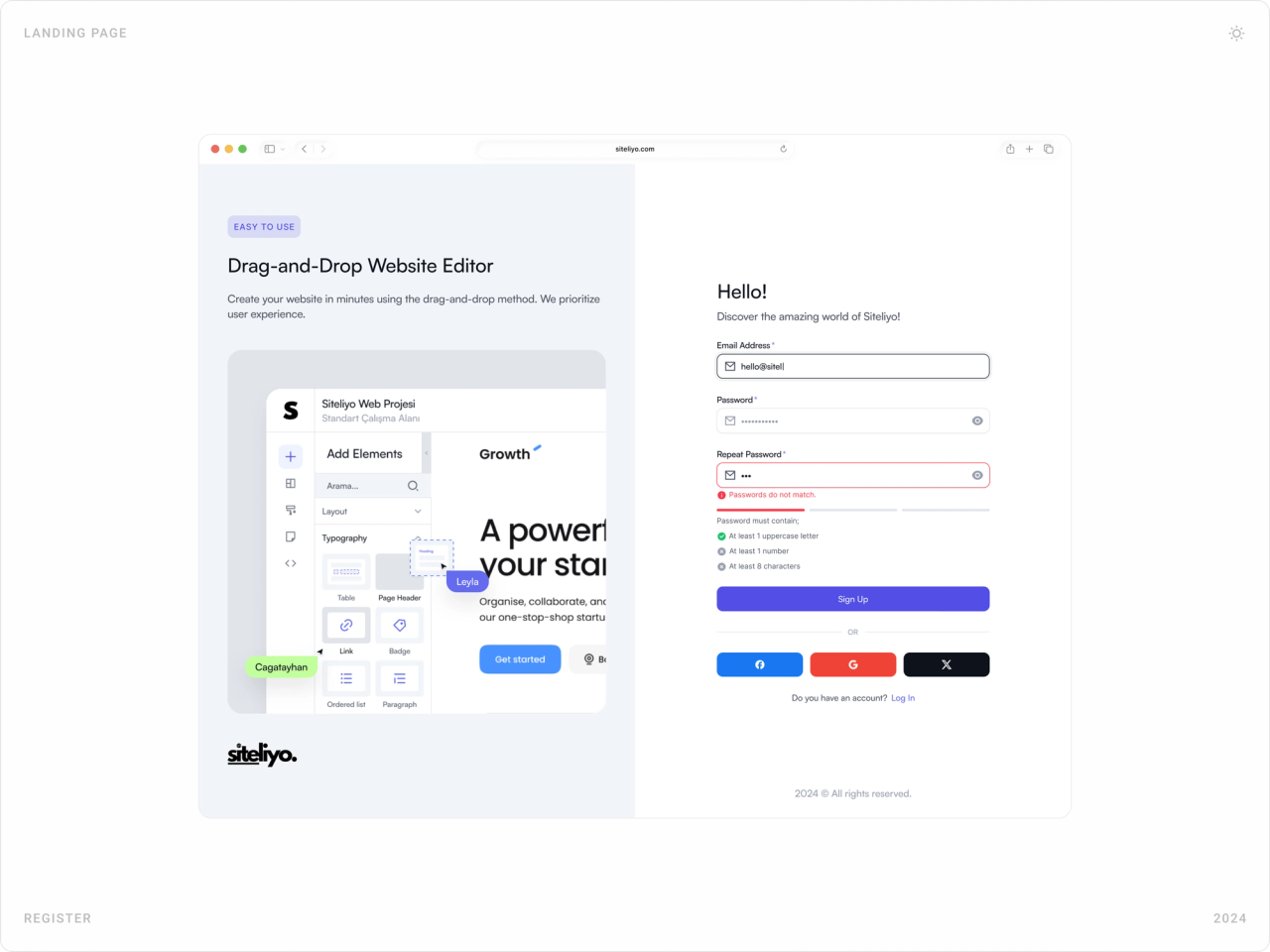 Register page with a drag-and-drop editor explainer on the left and a sign-up form with password checks and social login on the right