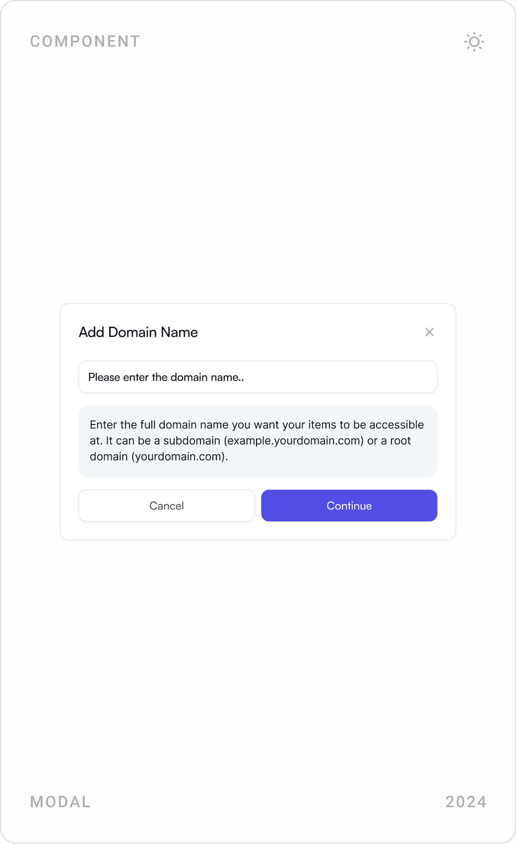 Add Domain Name modal in three states: success, DNS connection failed with the server address, and domain entry
