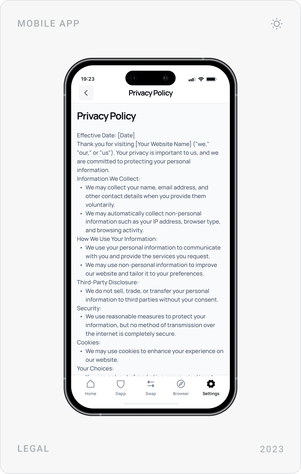 Show Secret Phrases screen with a warning and word grid, Add Network list, and Privacy Policy page
