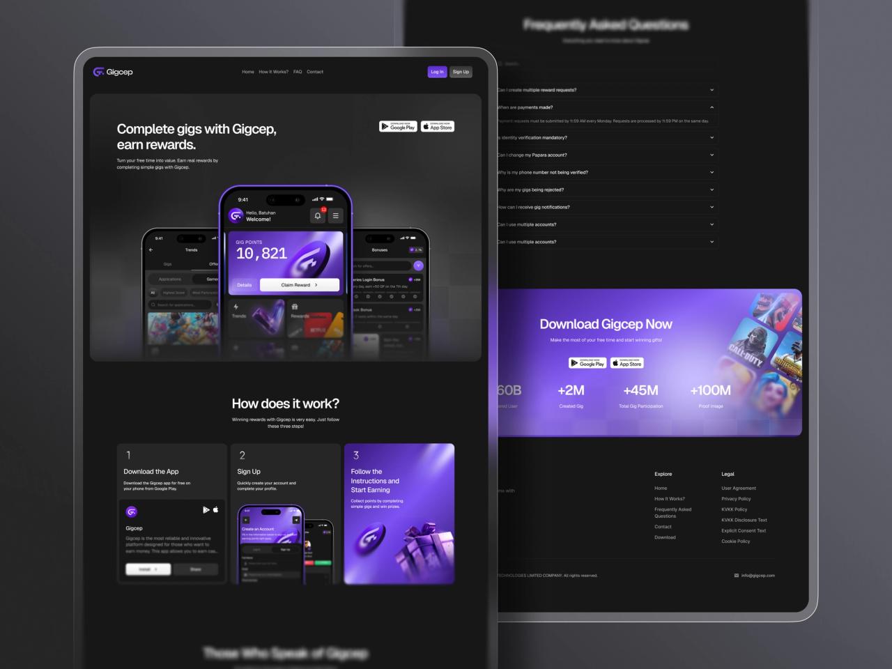 Gigcep · Landing Page Koyu Görünüm