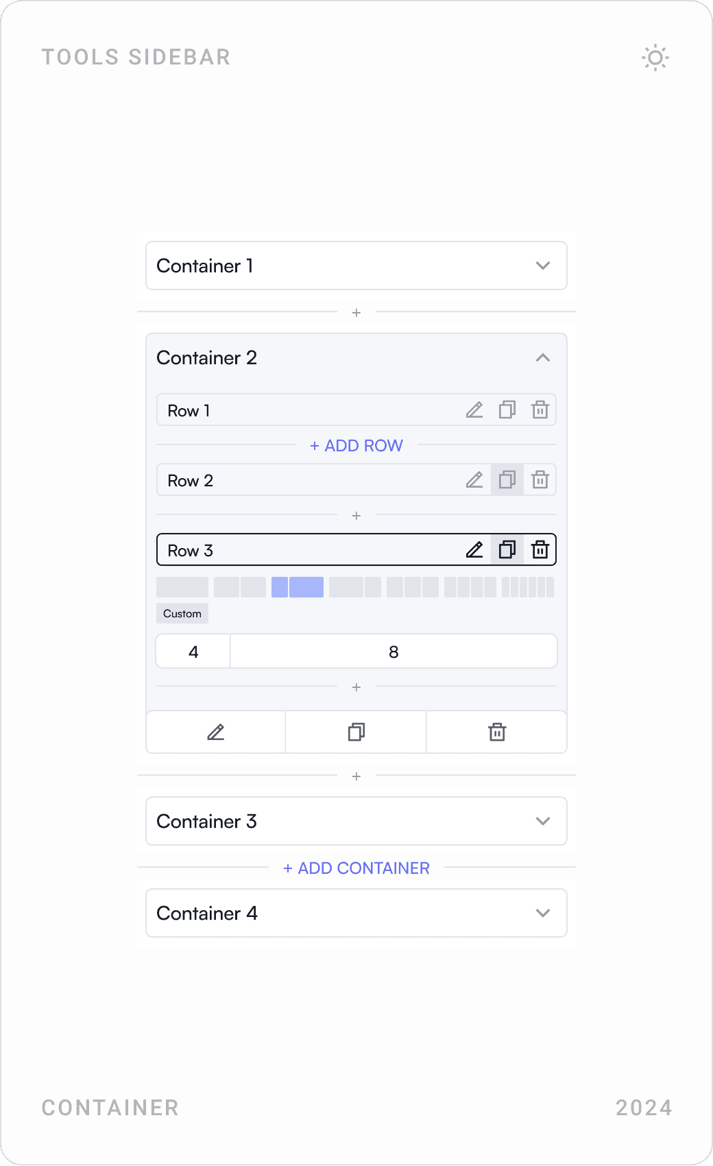 Editor tool panels: typography elements, box and text shadow settings, and containers with rows on a column grid
