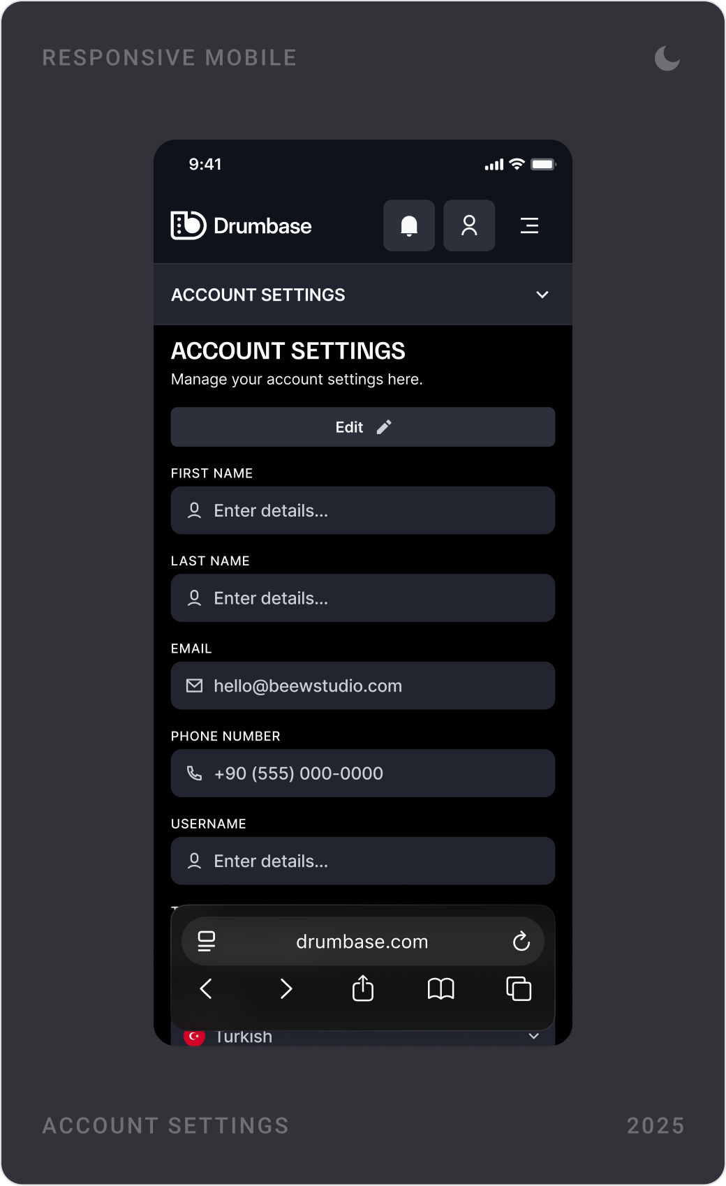 Dark mode mobile settings: account settings, privacy and security with password rules, and notification settings