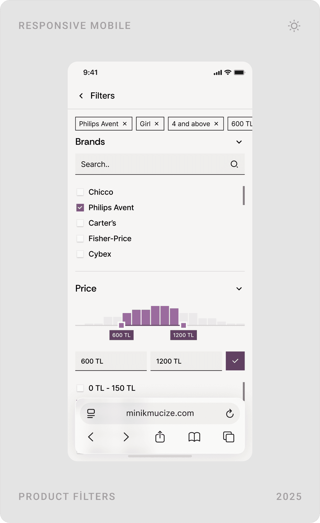 Mobile category listing for baby carriers and furniture, product grid, and filter panel with brands and price histogram