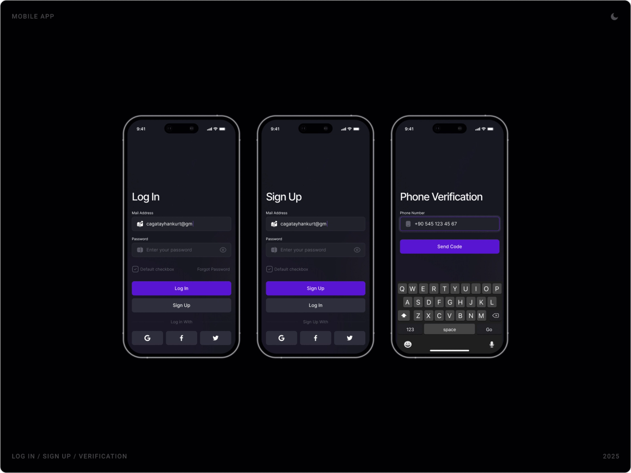 Log In, Sign Up and Phone Verification screens with email and password fields, Google, Facebook and Twitter sign-in