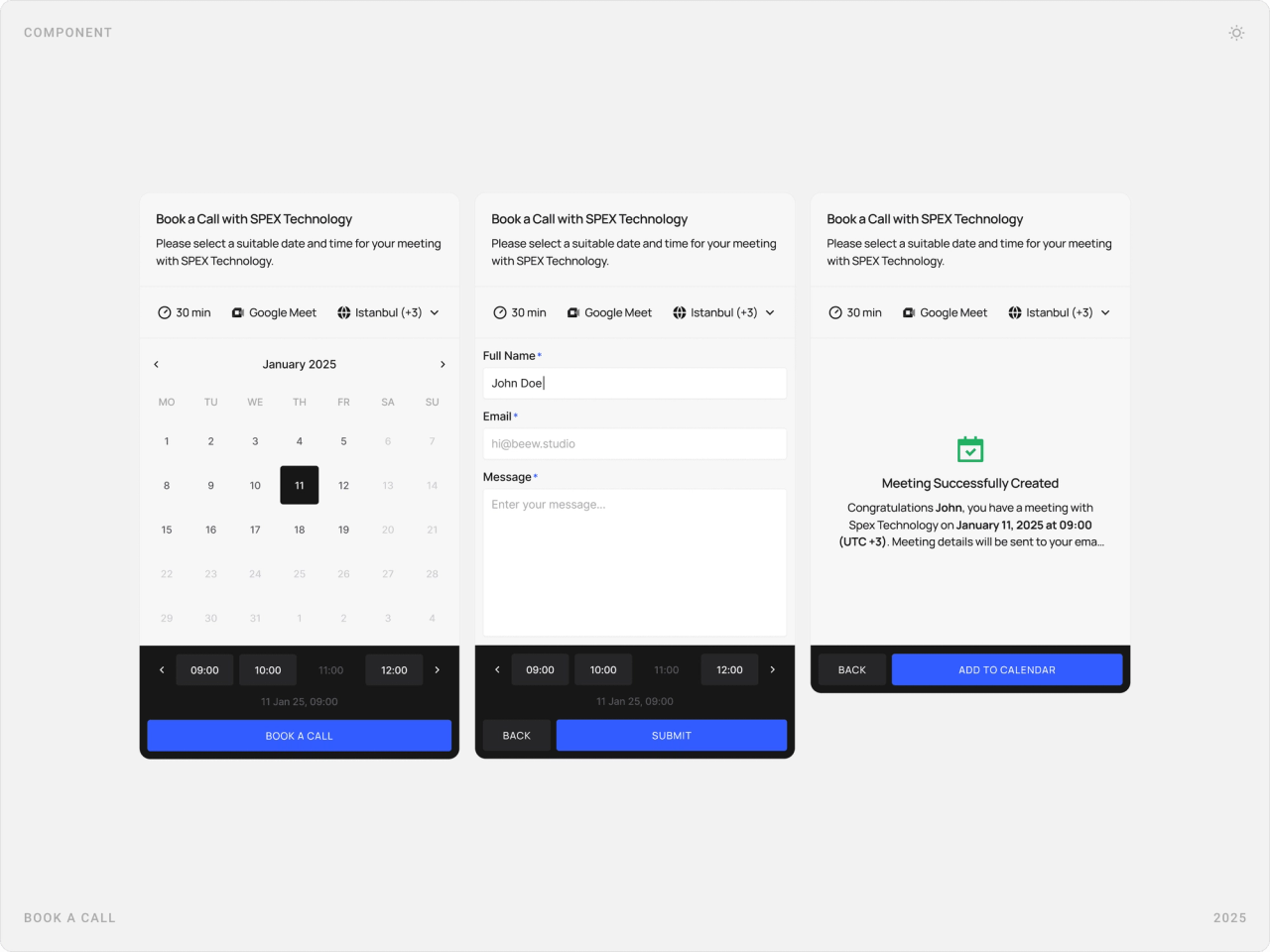 Three-step “Book a Call with SPEX Technology” widget: calendar and time slots, contact details form and meeting confirmation